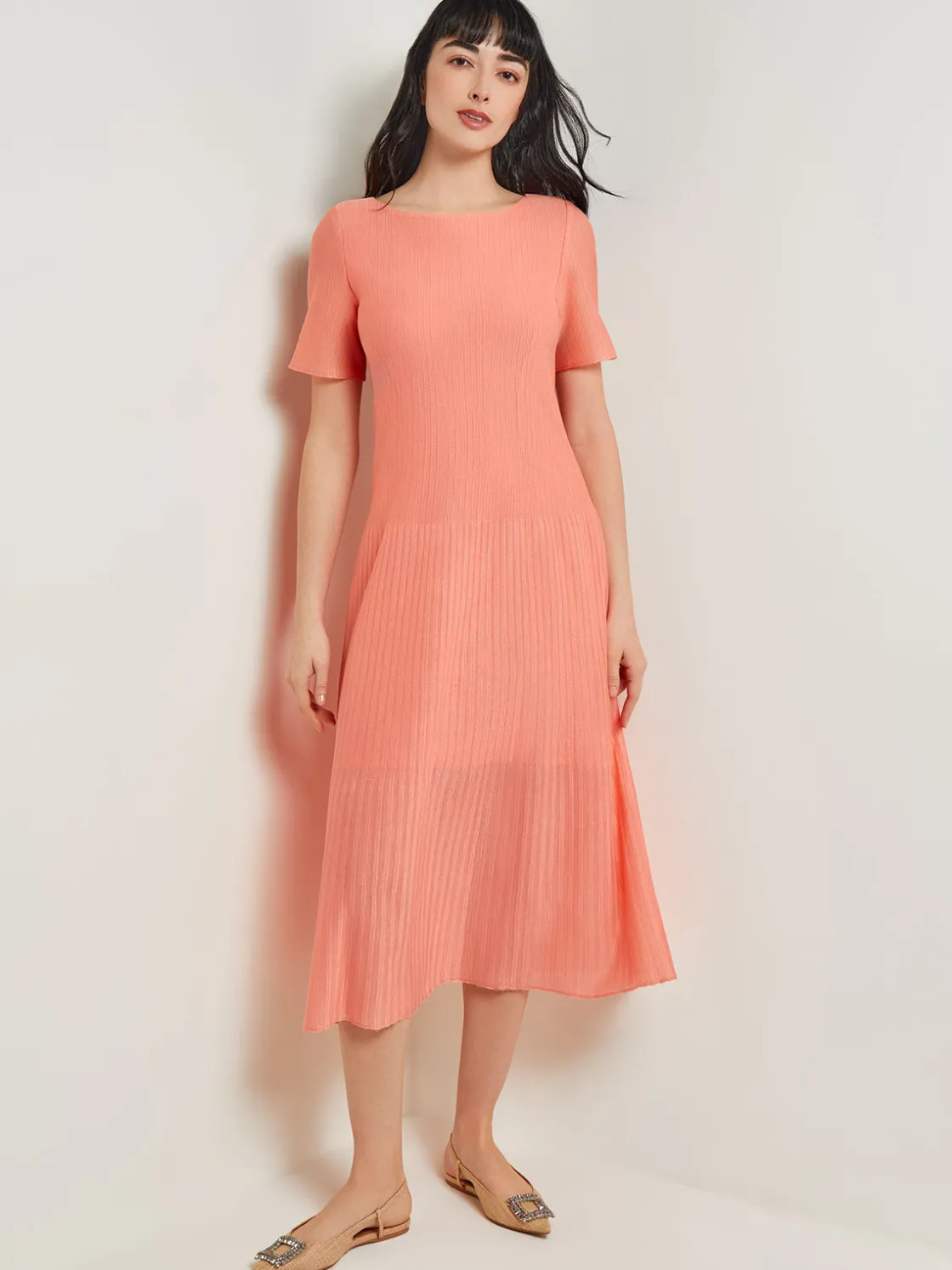 Misook Dresses|Midi A-Line Dress - Short Sleeve Burnout Knit