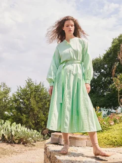 Misook Dresses|Midi Drop Waist Dress - Pointelle Stripe Mixed Media