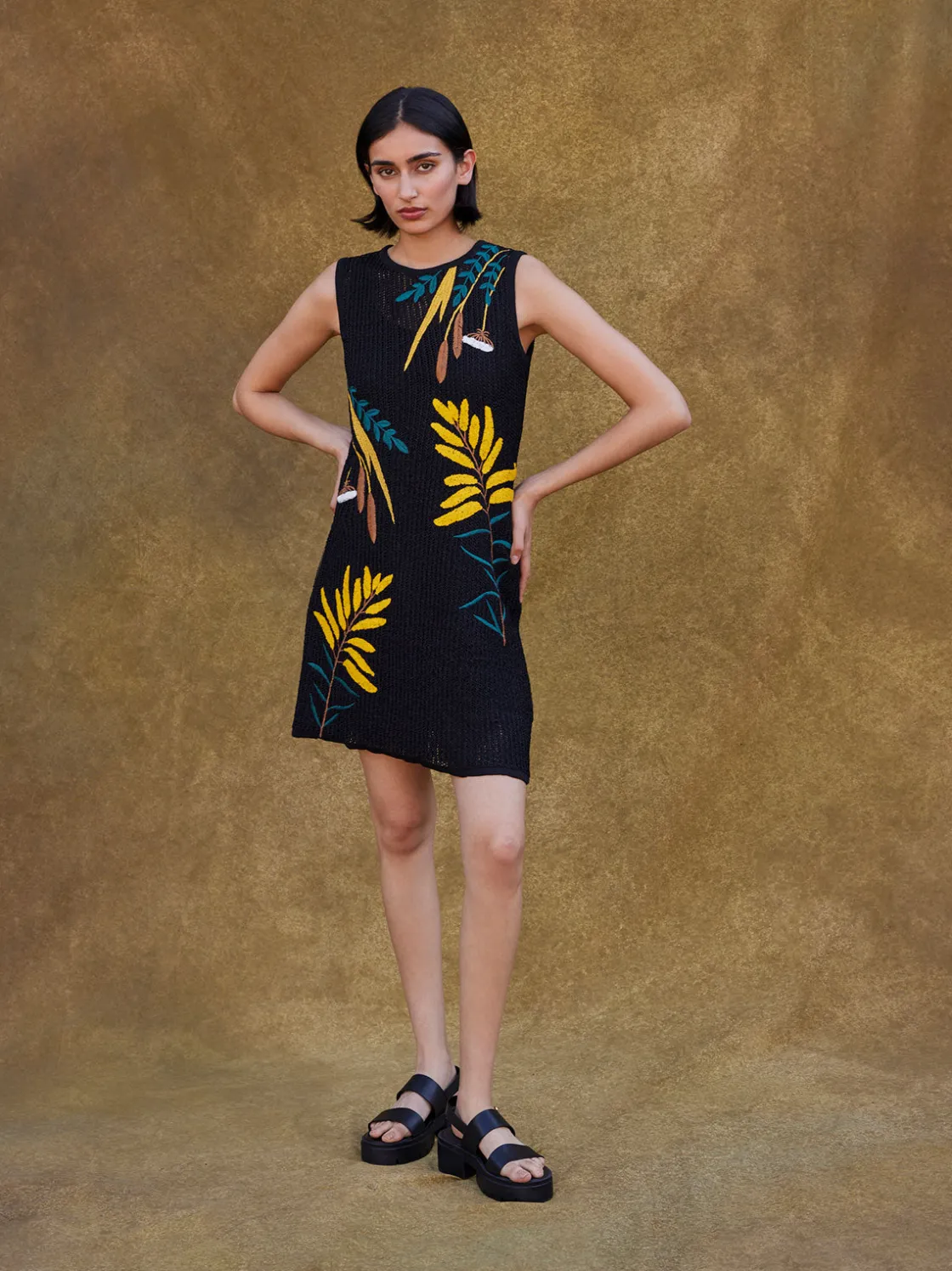 Misook Dresses|Mini A-Line Dress - Embroidered Open Ribbon Knit