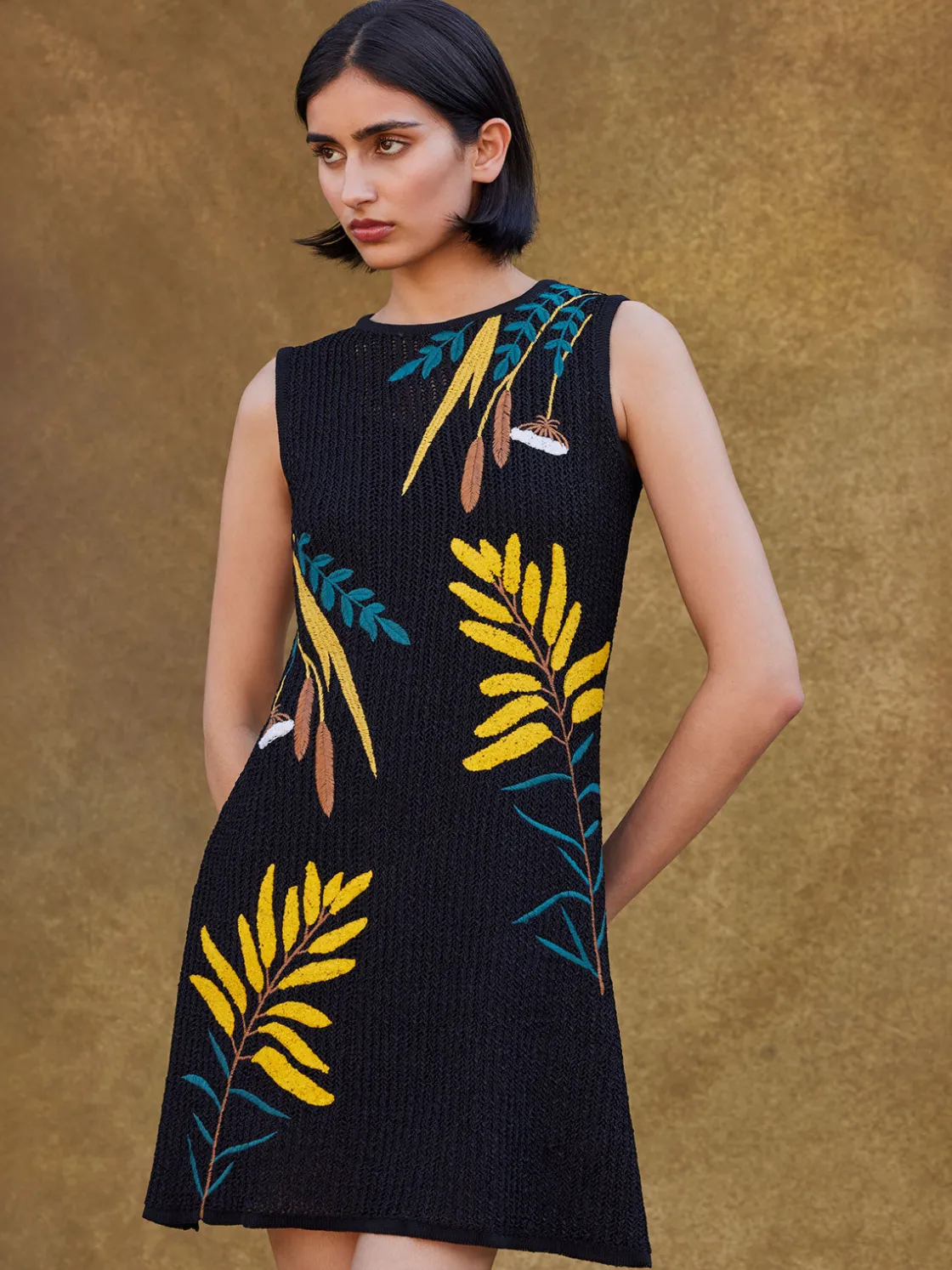 Misook Dresses|Mini A-Line Dress - Embroidered Open Ribbon Knit