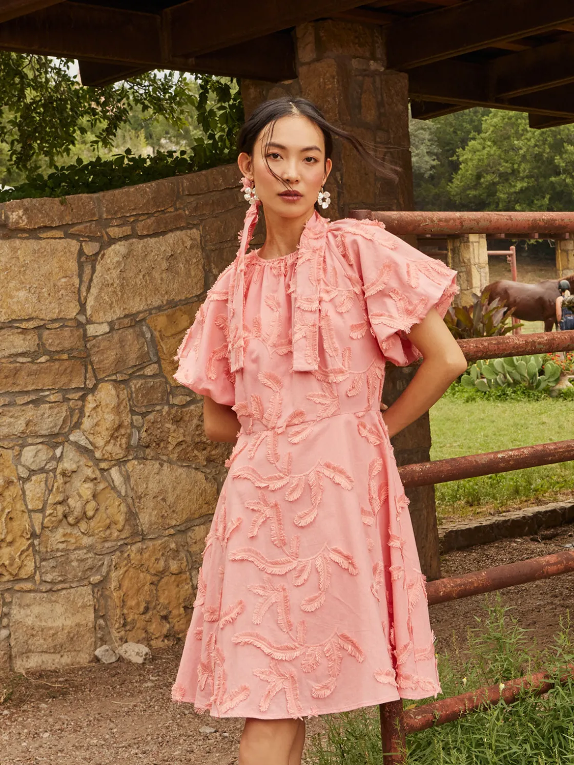 Misook Dresses|Mini Fit & Flare Dress - Puff Sleeve Fringe Applique Cotton