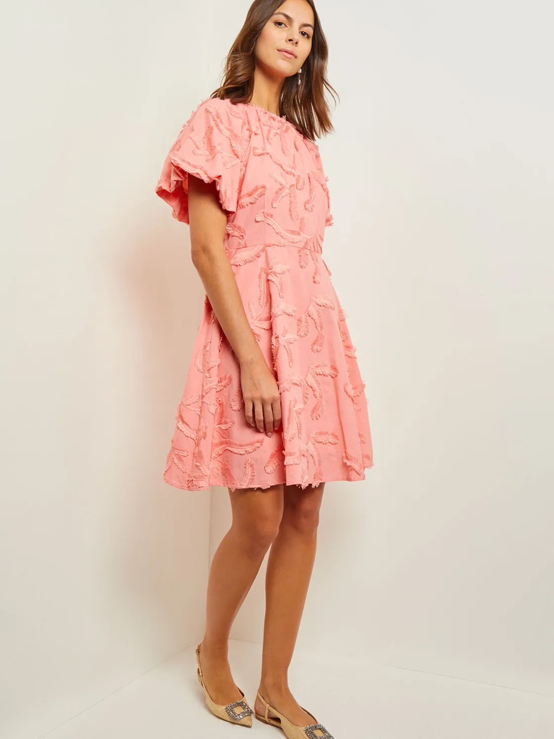 Misook Dresses|Mini Fit & Flare Dress - Puff Sleeve Fringe Applique Cotton