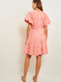 Misook Dresses|Mini Fit & Flare Dress - Puff Sleeve Fringe Applique Cotton