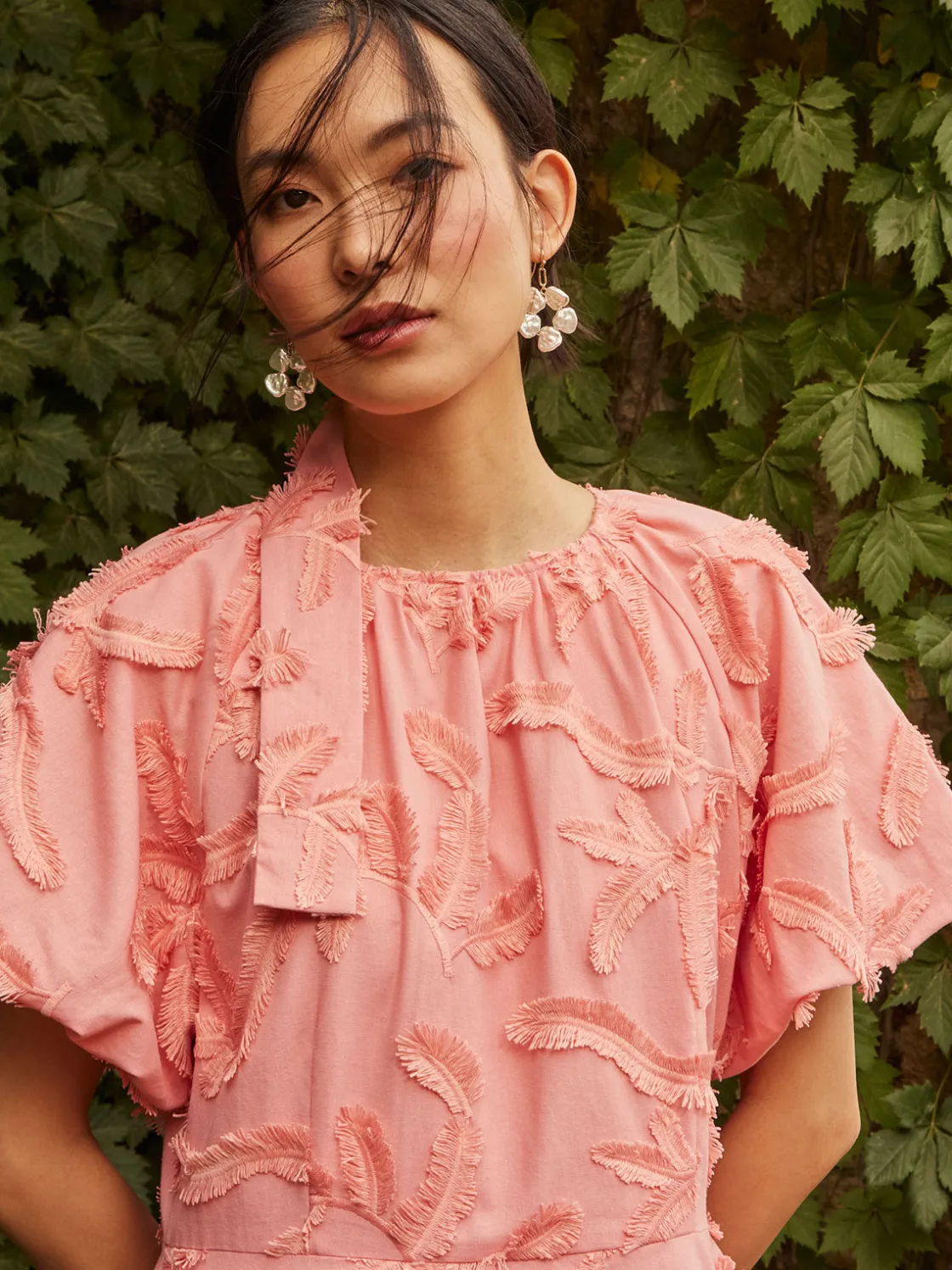 Misook Dresses|Mini Fit & Flare Dress - Puff Sleeve Fringe Applique Cotton