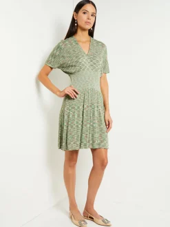 Misook Dresses|Mini Fit & Flare Dress - V-Neck Pleated Knit