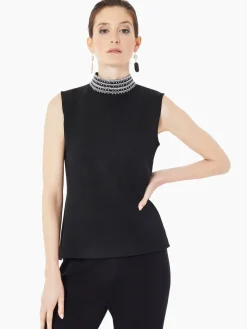 Misook Tops & Tees|Tanks|Mock Neck Embroidered Trim Knit Tank Top