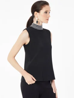 Misook Tops & Tees|Tanks|Mock Neck Embroidered Trim Knit Tank Top