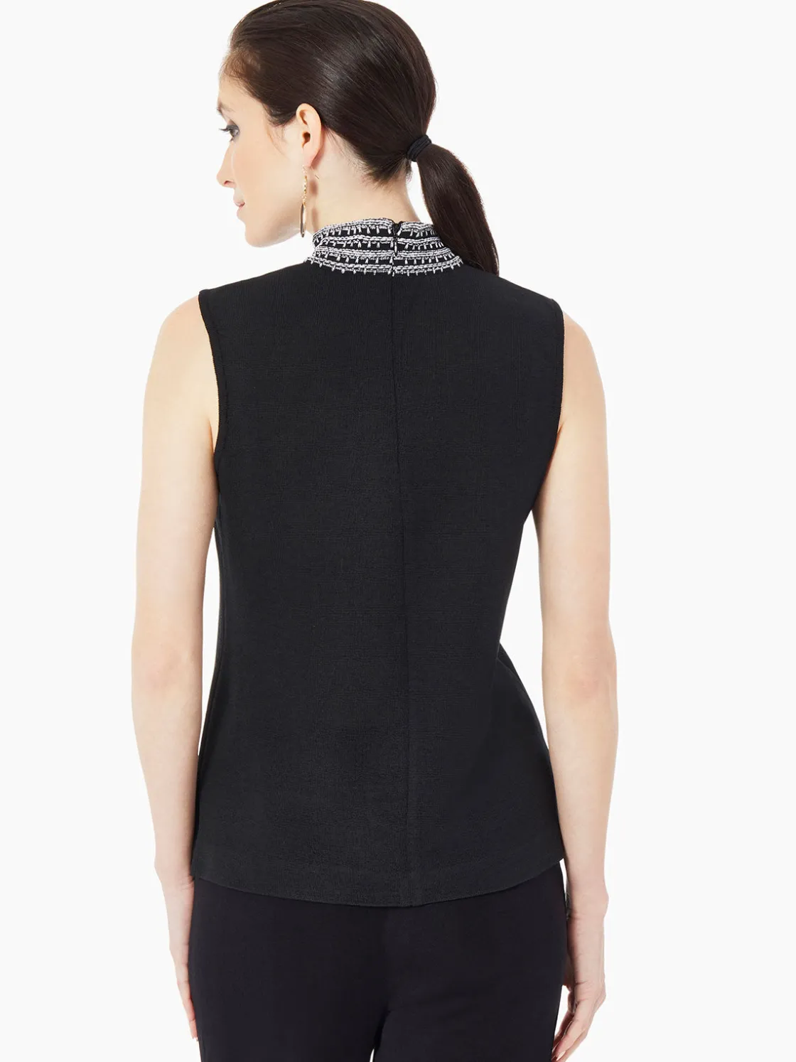 Misook Tops & Tees|Tanks|Mock Neck Embroidered Trim Knit Tank Top