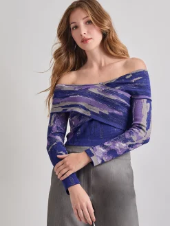 Misook Tops & Tees|Modern Fit Cropped Cross Body Watercolor Soft Knit Top