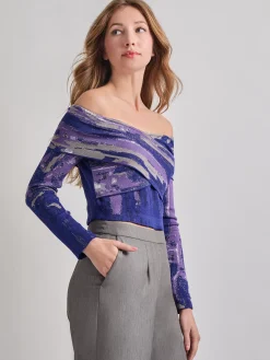 Misook Tops & Tees|Modern Fit Cropped Cross Body Watercolor Soft Knit Top