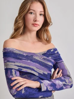 Misook Tops & Tees|Modern Fit Cropped Cross Body Watercolor Soft Knit Top