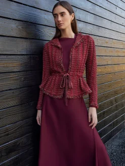 Misook Jackets & Coats|Modern Fit Linear Fringe Tweed Belted Knit Jacket