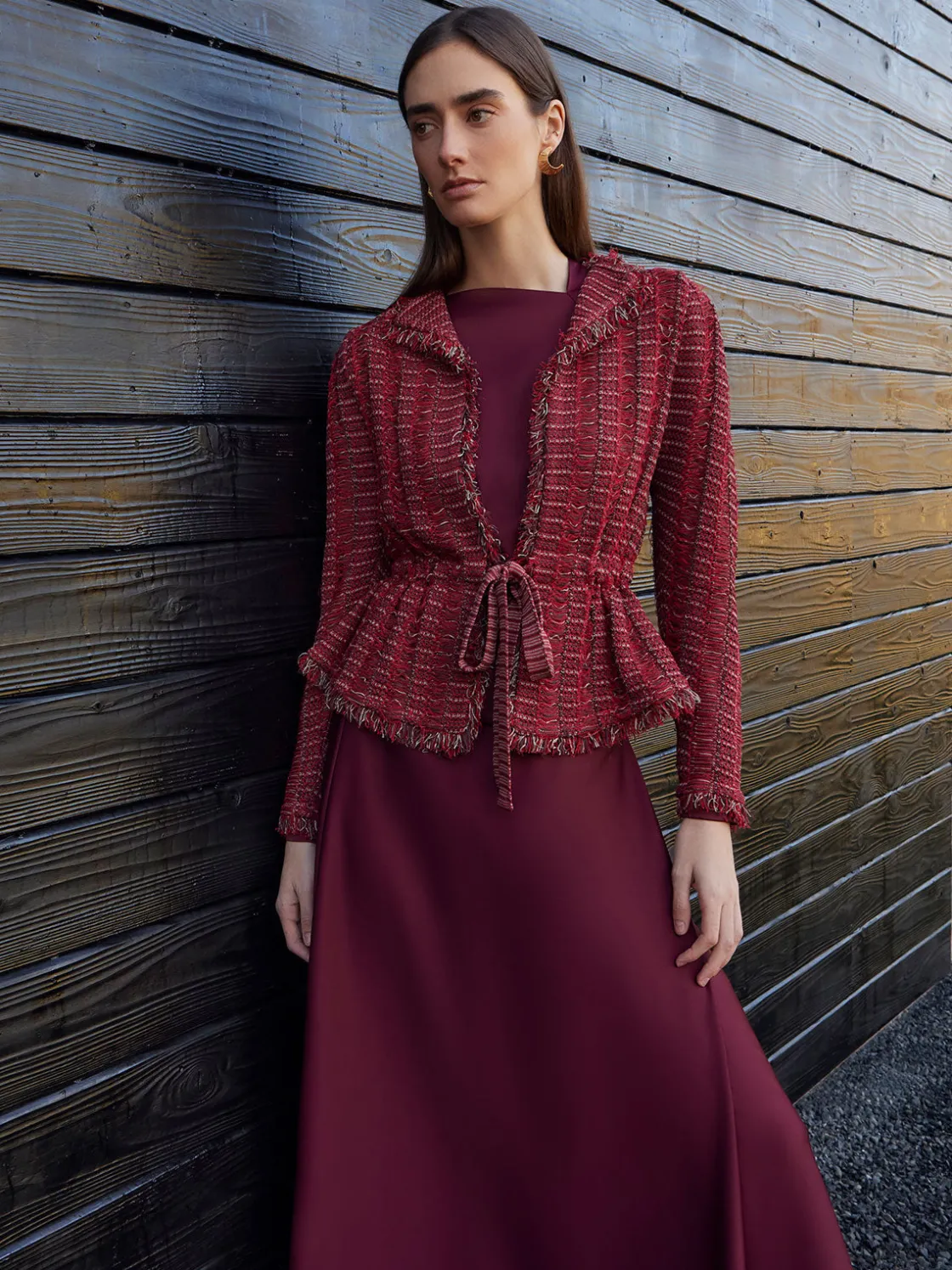 Misook Jackets & Coats|Modern Fit Linear Fringe Tweed Belted Knit Jacket