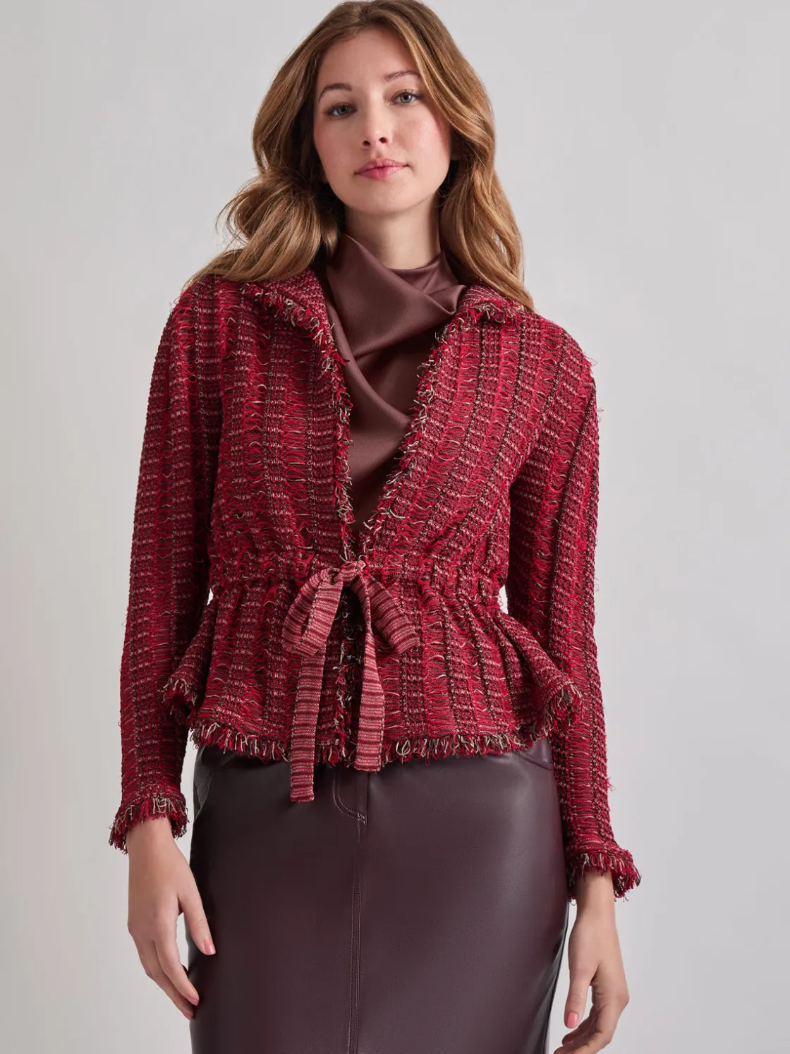 Misook Jackets & Coats|Modern Fit Linear Fringe Tweed Belted Knit Jacket