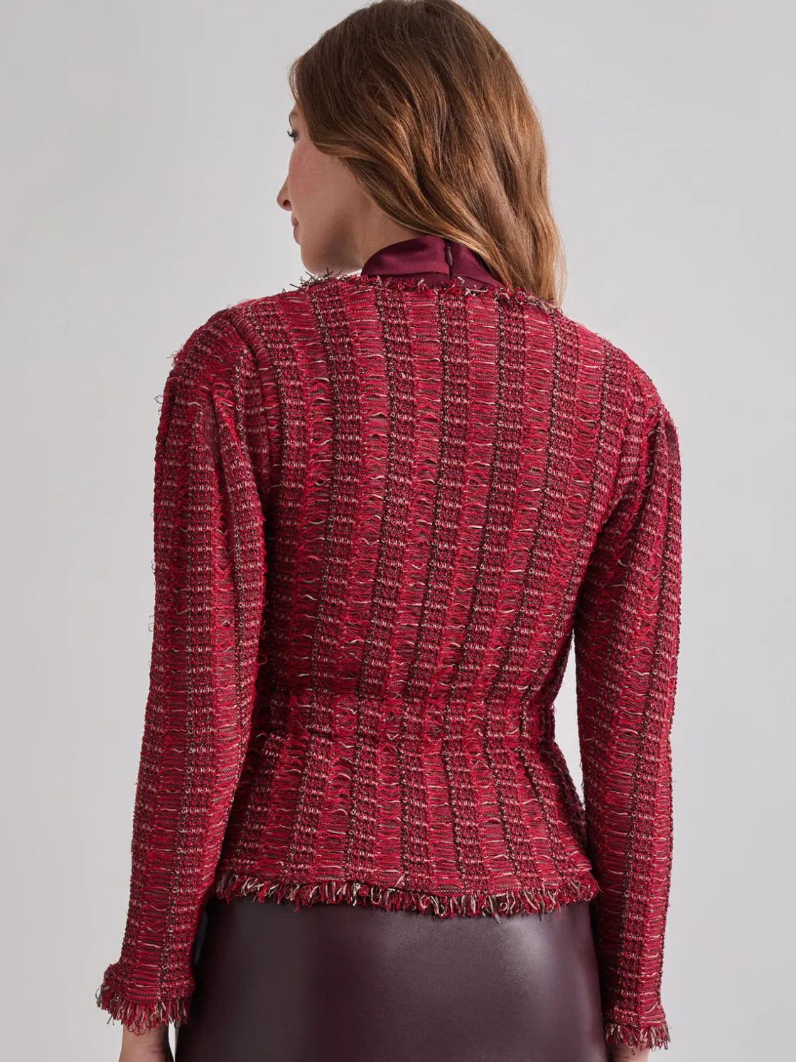 Misook Jackets & Coats|Modern Fit Linear Fringe Tweed Belted Knit Jacket