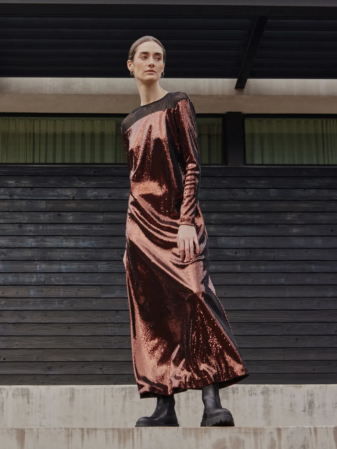 Misook Dresses|Modern Fit Sheer Shoulder Sequin A-Line Maxi Dress