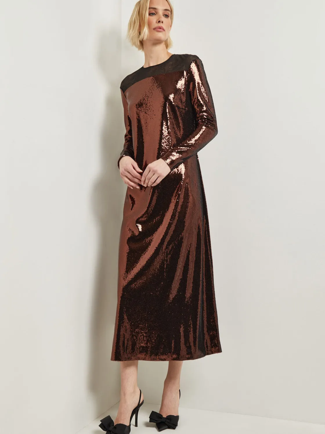 Misook Dresses|Modern Fit Sheer Shoulder Sequin A-Line Maxi Dress