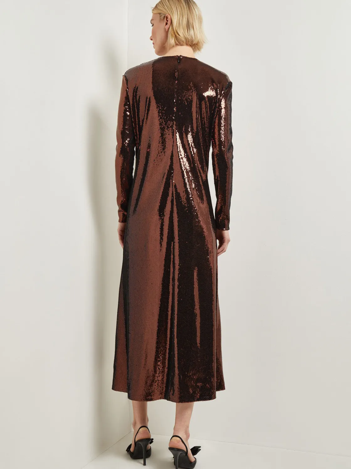 Misook Dresses|Modern Fit Sheer Shoulder Sequin A-Line Maxi Dress