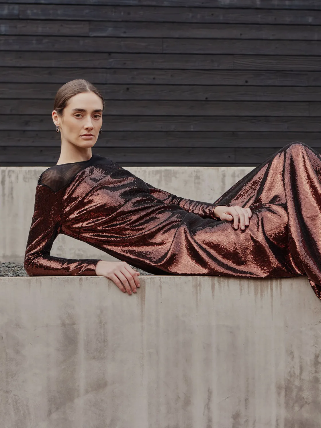 Misook Dresses|Modern Fit Sheer Shoulder Sequin A-Line Maxi Dress