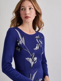 Misook Dresses|Modern Fit-and-Flare Embroidered Floral Knit Maxi Dress