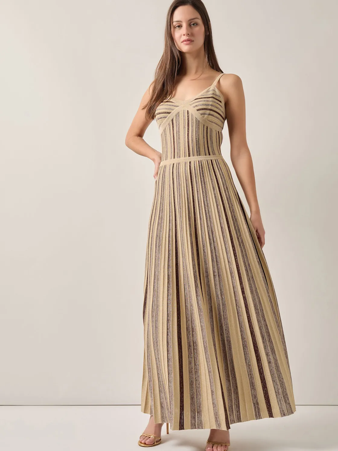 Misook Dresses|Modern Fit-and-Flare Lurex Striped Knit Maxi Dress