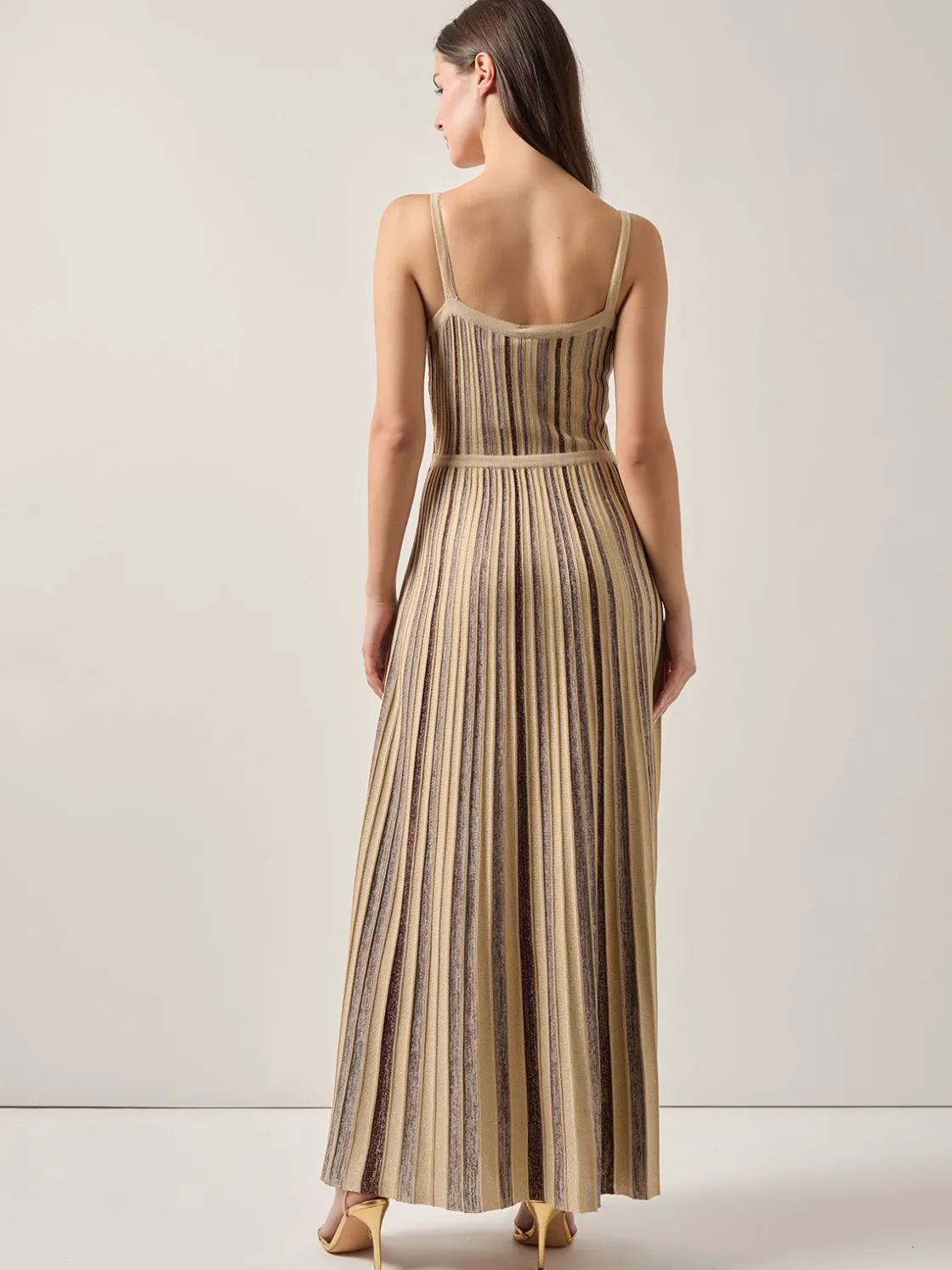 Misook Dresses|Modern Fit-and-Flare Lurex Striped Knit Maxi Dress