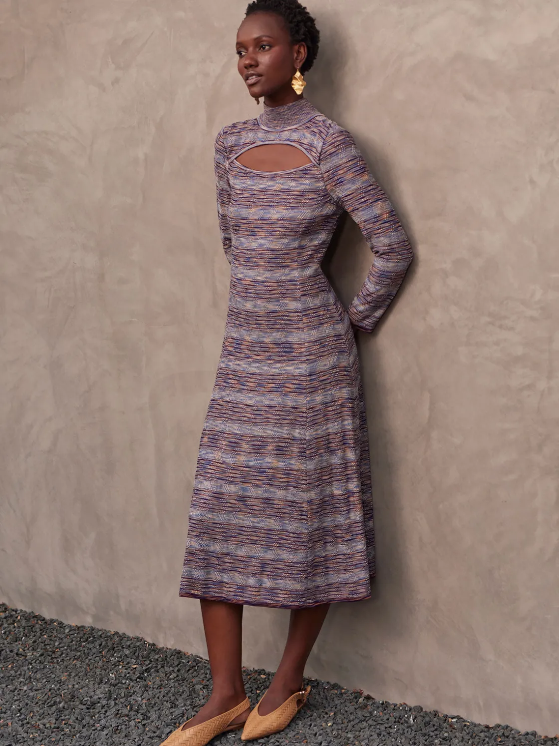 Misook Dresses|Modern Fit-and-Flare Melange Knit Cutout Maxi Dress