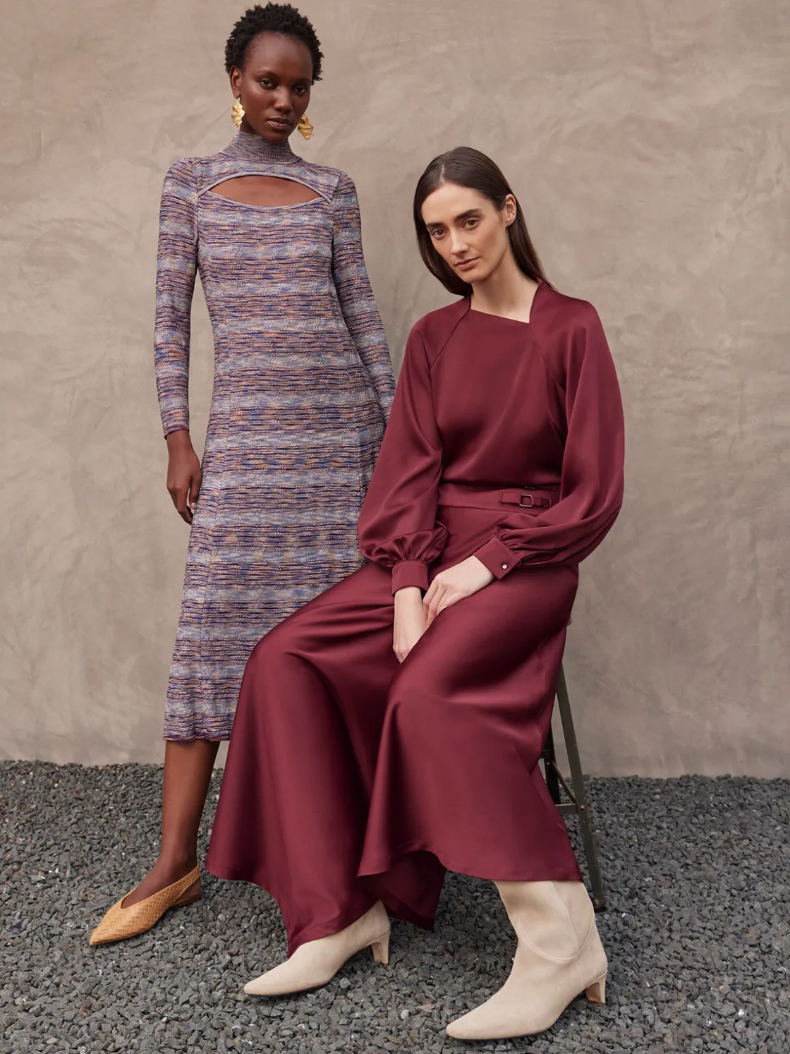 Misook Dresses|Modern Fit-and-Flare Melange Knit Cutout Maxi Dress