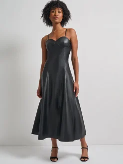 Misook Dresses|Modern Fit-and-Flare Vegan Leather Princess Seam Maxi Dress