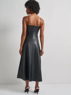 Misook Dresses|Modern Fit-and-Flare Vegan Leather Princess Seam Maxi Dress