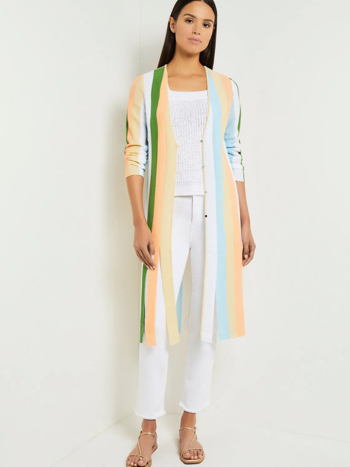 Misook Jackets & Coats|Open Neck Heritage Fit Jacket - Striped Intarsia Knit Fringe Hem