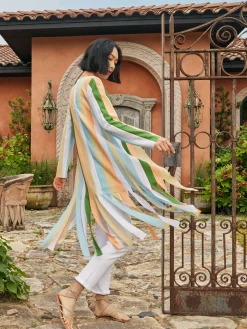 Misook Jackets & Coats|Open Neck Heritage Fit Jacket - Striped Intarsia Knit Fringe Hem