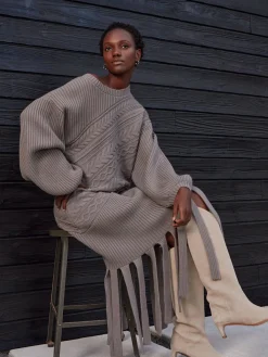 Misook Dresses|Oversized Cable Knit Wool Blended Sheath Maxi Dress