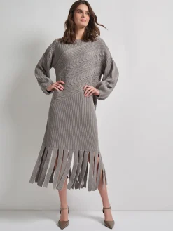Misook Dresses|Oversized Cable Knit Wool Blended Sheath Maxi Dress