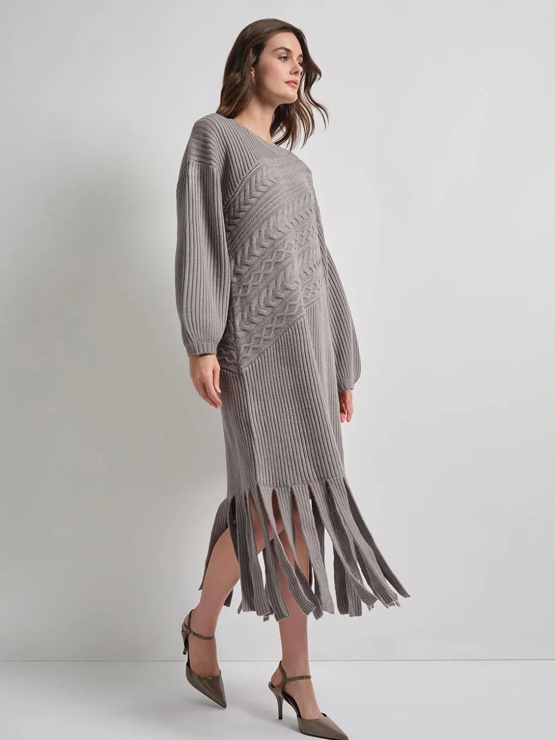 Misook Dresses|Oversized Cable Knit Wool Blended Sheath Maxi Dress