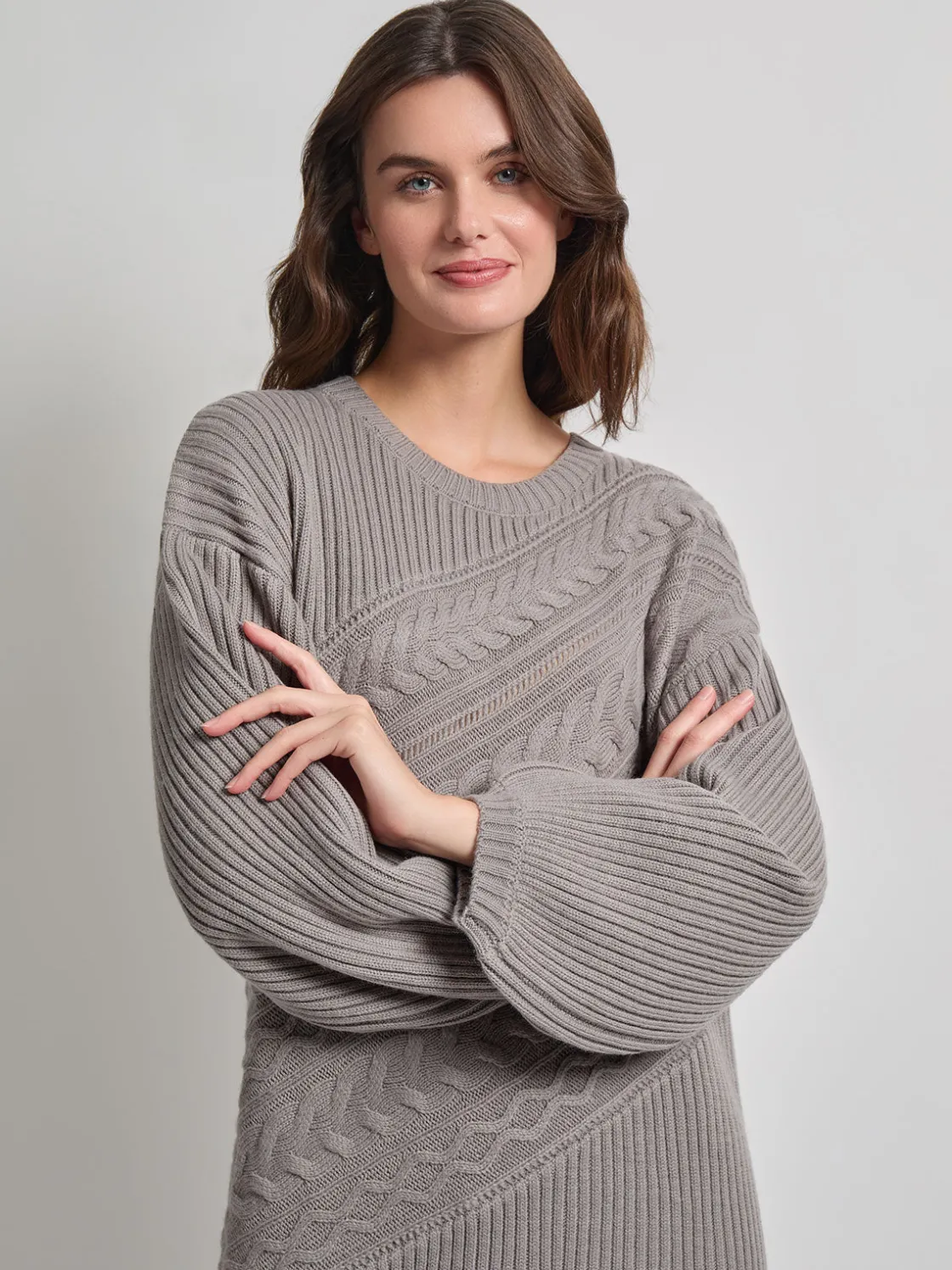 Misook Dresses|Oversized Cable Knit Wool Blended Sheath Maxi Dress