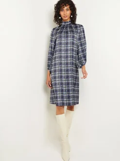 Misook Dresses|Pleated Mock Neck Crepe de Chine Printed A-Line Dress