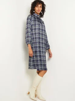 Misook Dresses|Pleated Mock Neck Crepe de Chine Printed A-Line Dress