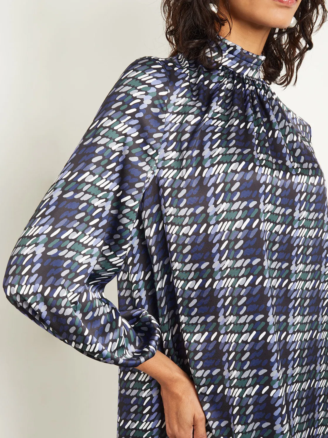 Misook Dresses|Pleated Mock Neck Crepe de Chine Printed A-Line Dress