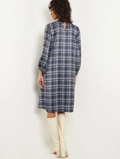 Misook Dresses|Pleated Mock Neck Crepe de Chine Printed A-Line Dress