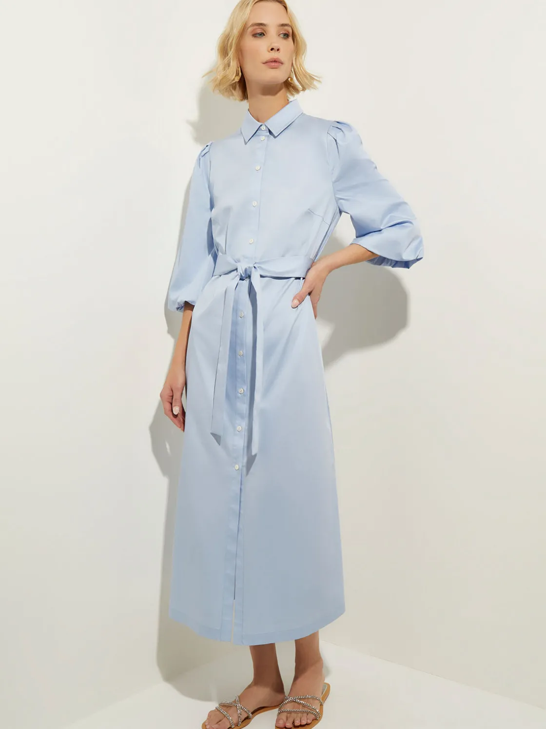 Misook Dresses|Puff Sleeve Cotton Midi Shirtdress
