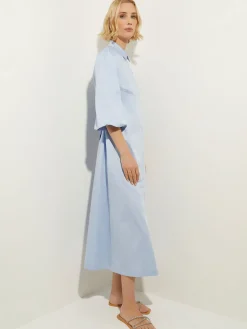 Misook Dresses|Puff Sleeve Cotton Midi Shirtdress