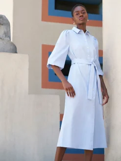 Misook Dresses|Puff Sleeve Cotton Midi Shirtdress