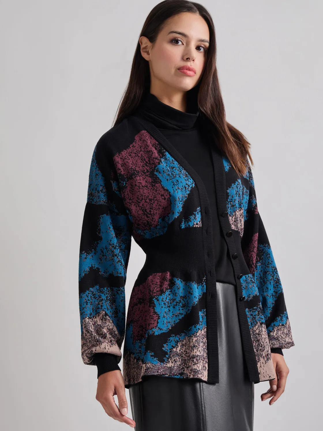 Misook Jackets & Coats|Relaxed Fit Abstract Inset Waist Jacquard Knit Cardigan