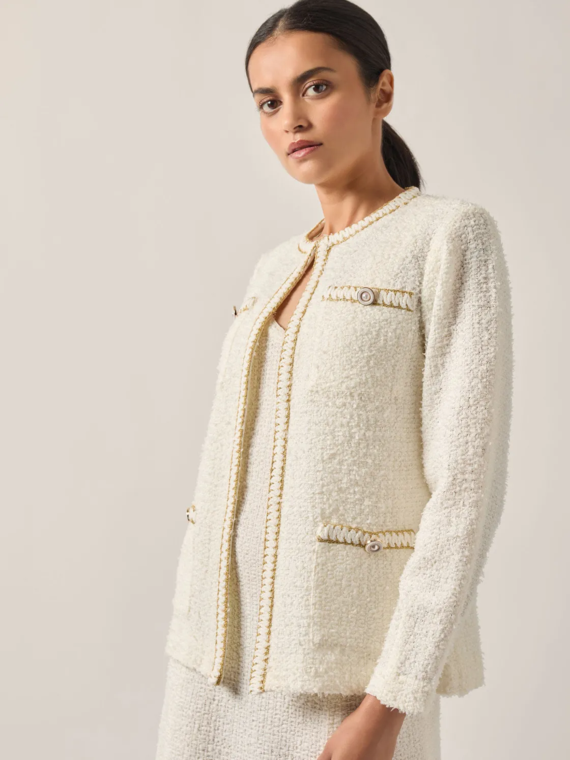 Misook Jackets & Coats|Relaxed Fit Boucle Lurex Crochet Trim Knit Jacket