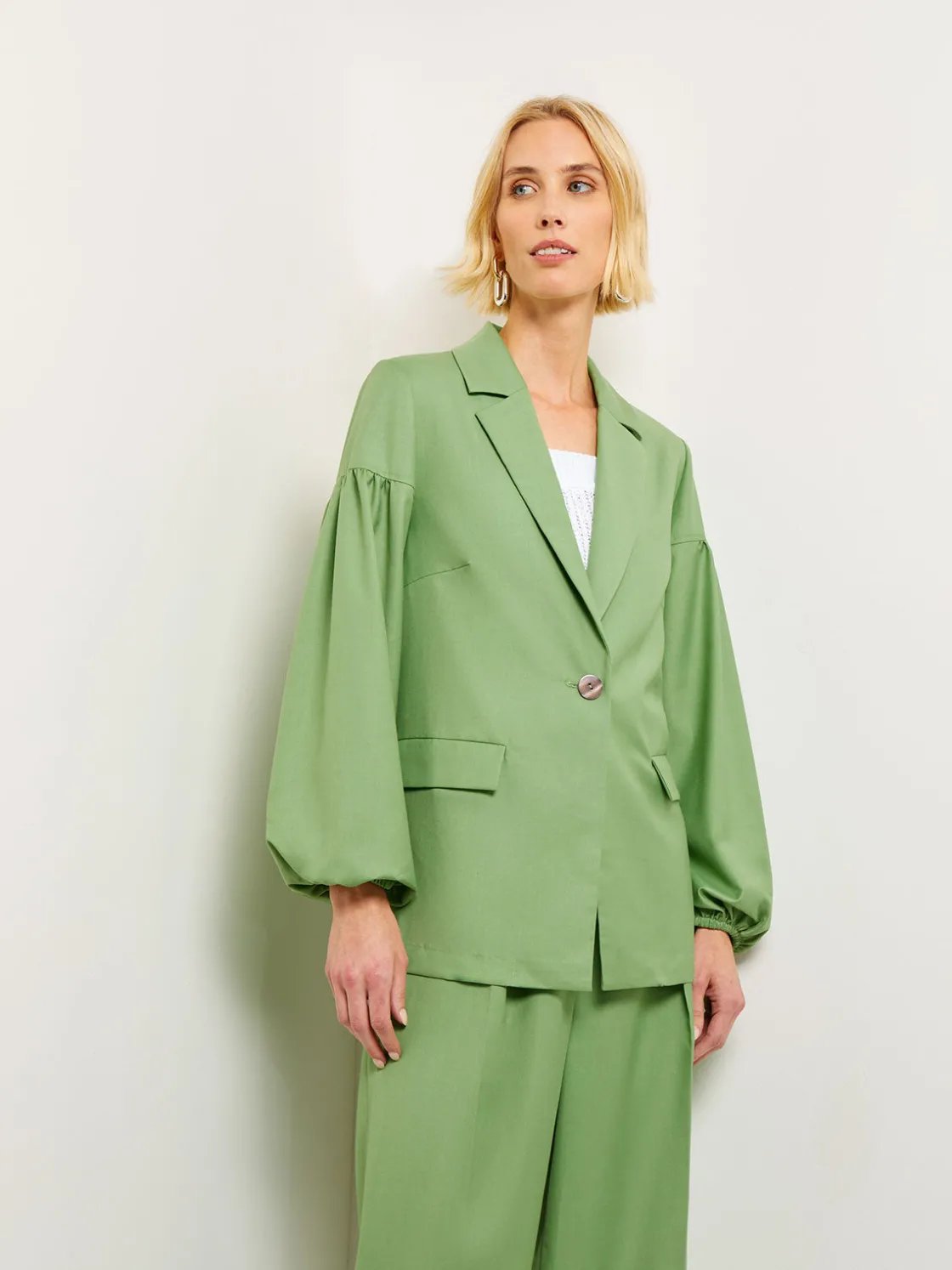 Misook Jackets & Coats|Relaxed Fit One Button Jacket - Balloon Sleeve Relaxed Woven