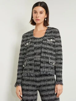 Misook Jackets & Coats|Rhinestone Accent Fringe Tweed Knit Jacket