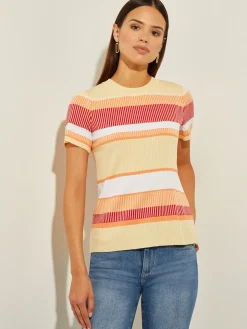 Misook Tops & Tees|Short Sleeve Intarsia Striped Soft Knit Top