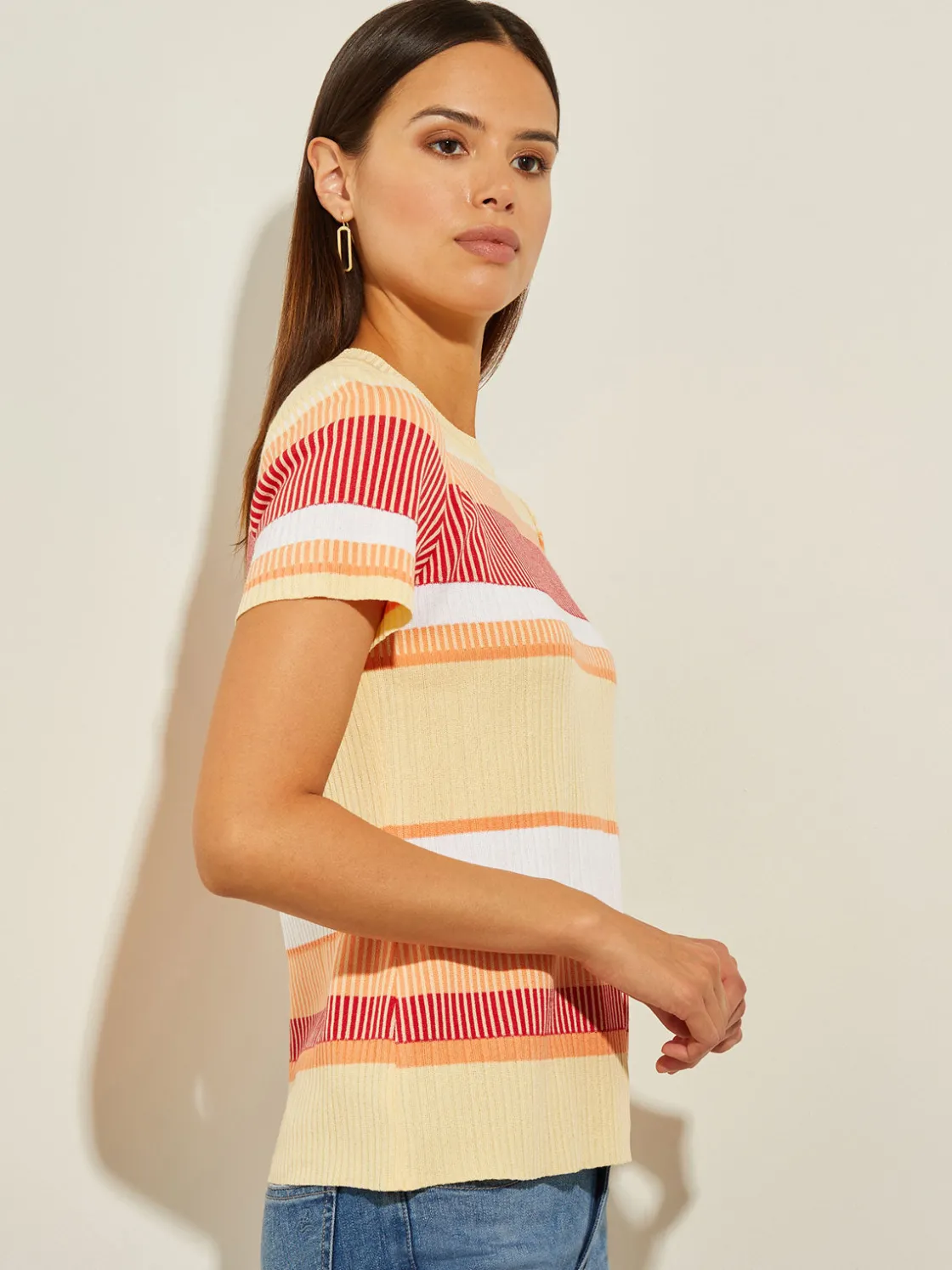 Misook Tops & Tees|Short Sleeve Intarsia Striped Soft Knit Top