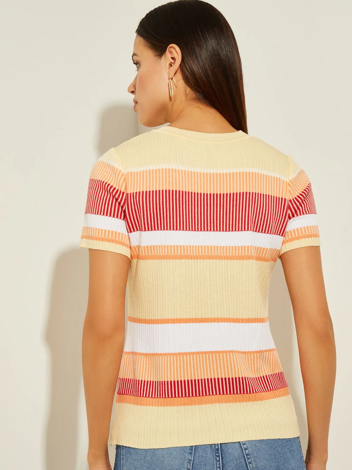 Misook Tops & Tees|Short Sleeve Intarsia Striped Soft Knit Top